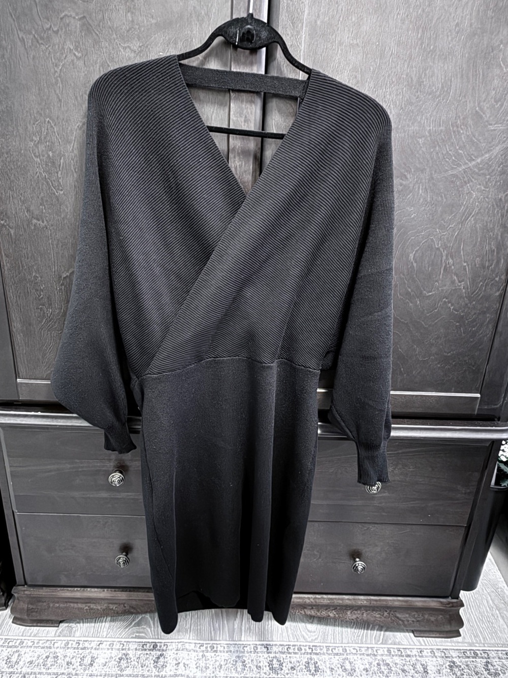Black Wrap-Style Knit Dress